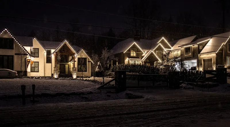 Roofline Christmas lights installed by Trent Delgadillo, job 1 of the Portland seasons