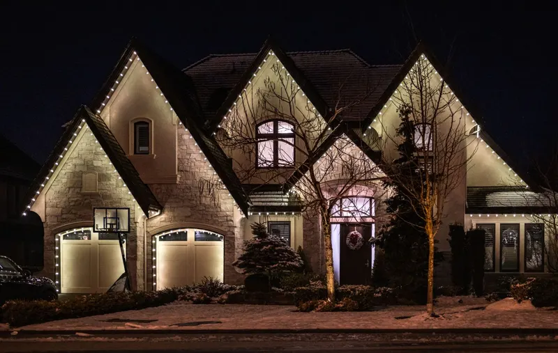 Roofline Christmas lights installed by Trent Delgadillo, job 7 of the Portland seasons